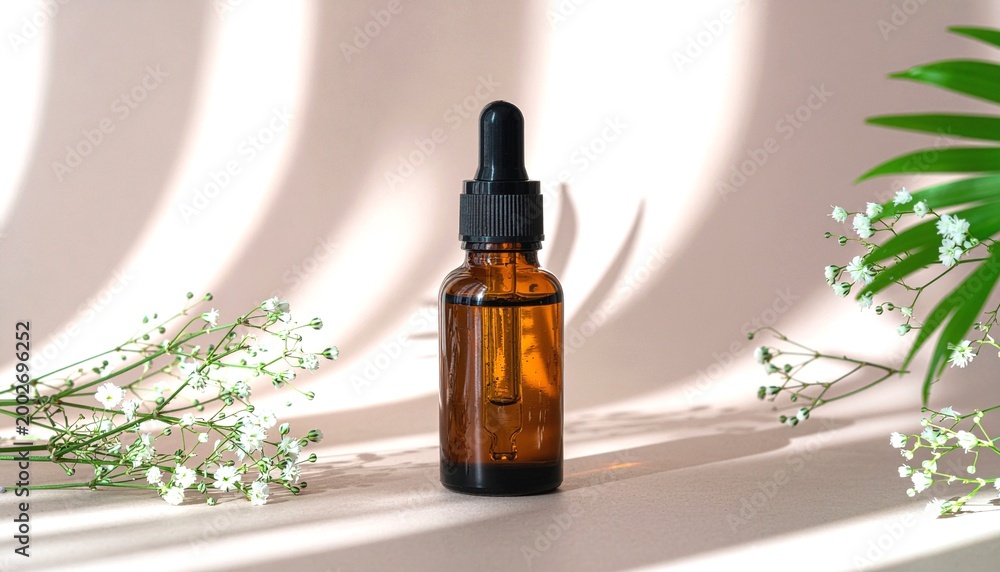 Fototapeta premium Essential Oil Bottle with Plant Shadow Overlay Minimal Luxury 