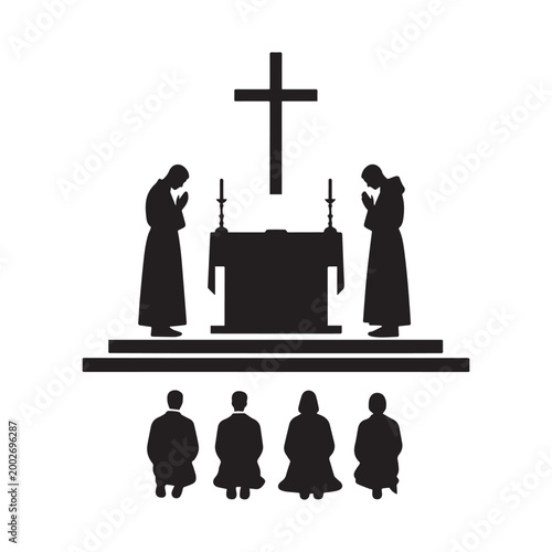 Silhouette Of Christian Priests and Congregation Praying At Church Altar With Cross.
