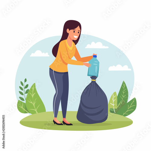 Woman collecting plastic bottle into trash bag for recycling