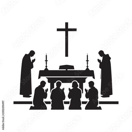 Silhouette Of Christian Priests and Congregation Praying At Church Altar With Cross.