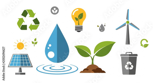 Sustainable energy and recycling icons collection.