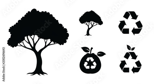 Tree and recycling symbols silhouette collection.