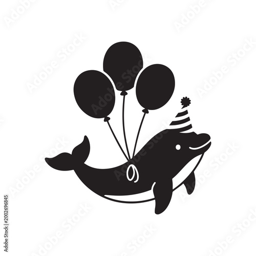 Silhouette of Cute Dolphin Wearing Party Hat and Holding Several Round Balloons. 