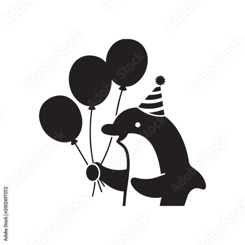 Silhouette of Cute Dolphin Wearing Party Hat and Holding Several Round Balloons. 