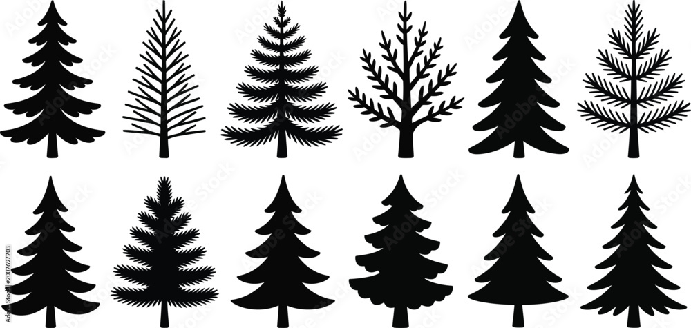Obraz premium Black Pine Tree Silhouettes, Forest Icons, Vector Graphic, 10 Trees