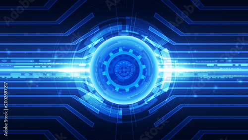 Futuristic Digital Gear Core: Glowing Blue Gear Mechanism on Abstract Technology Circuit Background