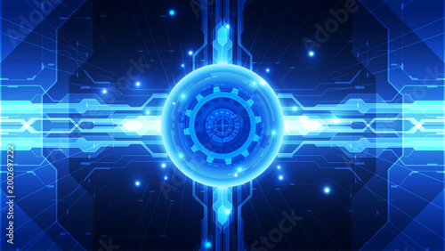 Futuristic Digital Gear Core: Glowing Blue Gear Mechanism on Abstract Technology Circuit Background