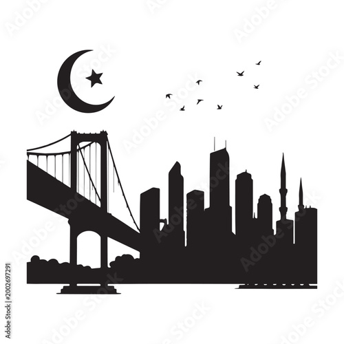 Silhouette Of Istanbul City Skyline Featuring Bosphorus Bridge Mosque And Crescent Moon.
