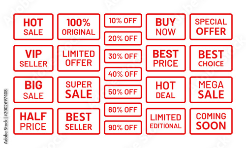 Sale product mark collection. Set rectangle best price stickers. Sale stamp imprint. Red sold out emblem in frame. New arrival label in border. Marketing retail badge. Text box with buy tags. Vector i