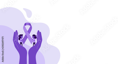 Lavender Awareness Ribbon Supported by Hands and People, Symbol for Alzheimer's, Domestic Violence, and Lupus Awareness with Copy Space