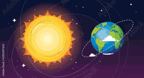 Illustration of the Earth orbiting the Sun, depicting celestial mechanics and the vastness of space with stars and swirling cosmic dust.