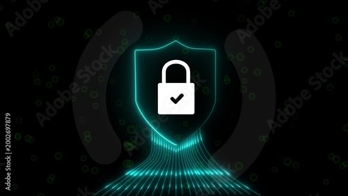 Cybersecurity animation with glowing shield icon protecting encrypted digital data ontech network. Futuristic cybersecurity shield glowing with digital,4K animated .4k animation video,4k