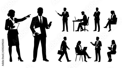 Collection of diverse business professional silhouettes in various dynamic poses and activities
