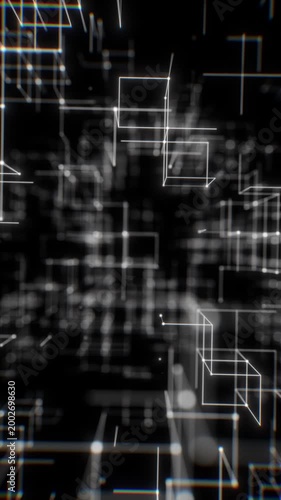 Soft Blurred White Vertical Wireframe Grid in Abstract Digital Space. Looped 3D rendering