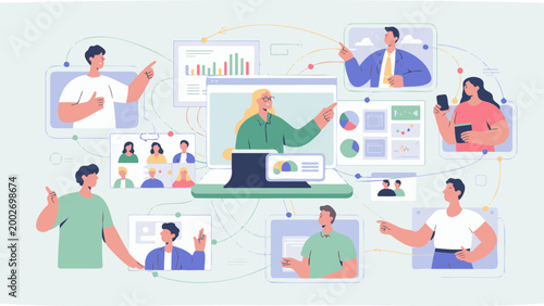 Virtual business meeting vector illustration, remote team collaboration on digital platform, online video conference with data charts and diverse people