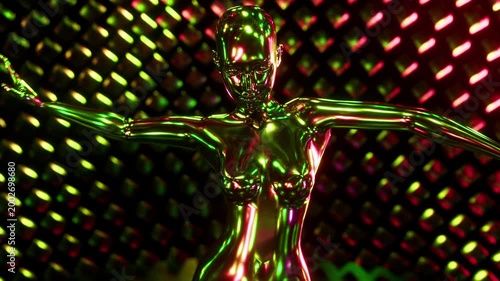 Seamless loop of a metallic female cyborg dancing in a neon green and pink nightclub environment. 3D rendering
