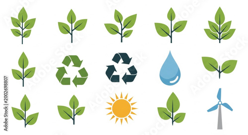 Collection of eco friendly symbols and icons for sustainability.