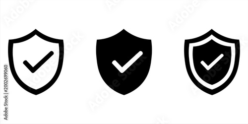 Shield check mark icon or security shield protection icon with tick symbol.