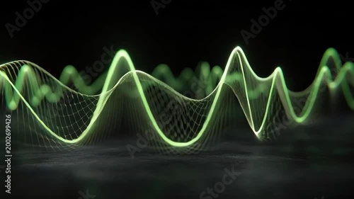 Glowing green waveform with a mesh structure on a dark background, representing audio or signal frequency visualization in a digital format.