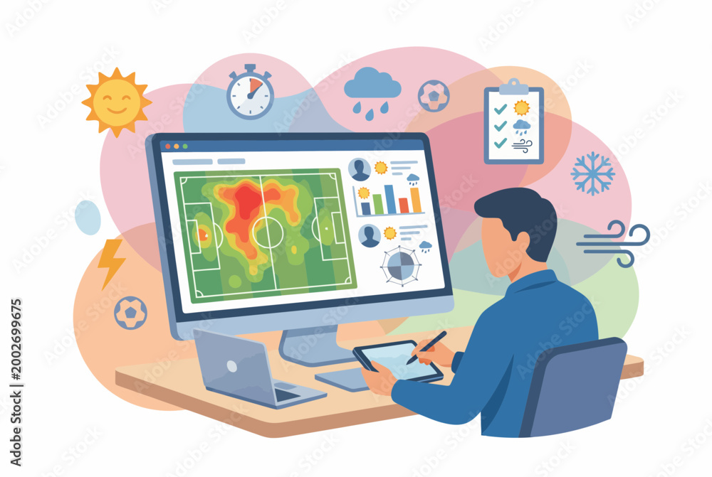 Fototapeta premium Football Performance Analyst Studying Soccer Data Heatmap on Monitor