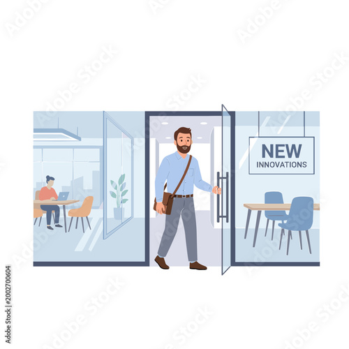 Man entering office with glass walls and new innovations sign