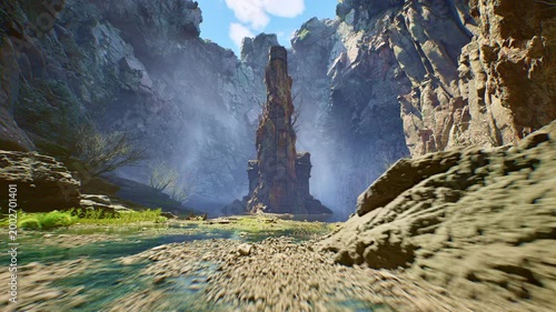 Ancient Stone Tower Monolith Standing in a Mistful Deep Rock Canyon Gorge with Calm Water and Grass. 3D rendering