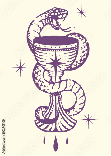 Snake and chalice vector illustration featuring a vintage tattoo style design element for occult alchemy and spiritual mystical art