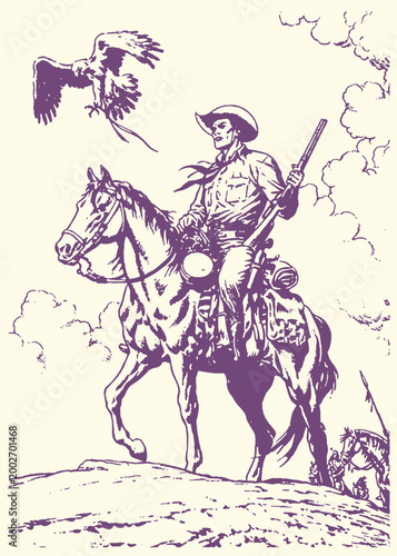 Retro western cowboy on horseback with rifle and eagle flying above in a vintage illustration graphic design