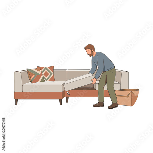 Man assembling furniture with tools and boxes in a room setting.