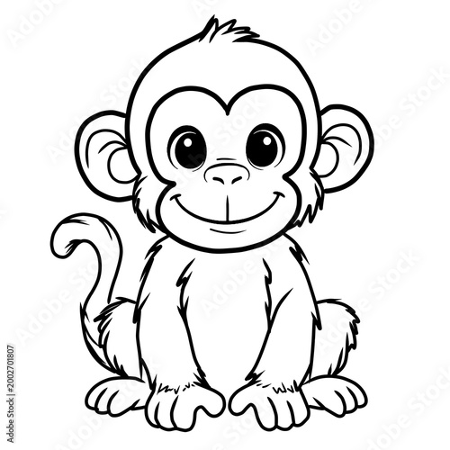 Cute Monkey Cartoon Outline Black and White Coloring Page Illustration