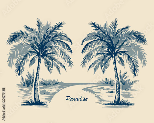 Palm trees line drawing with paradise text vintage style