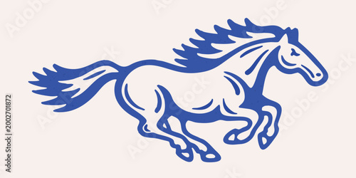Galloping horse illustration bold blue line art on beige