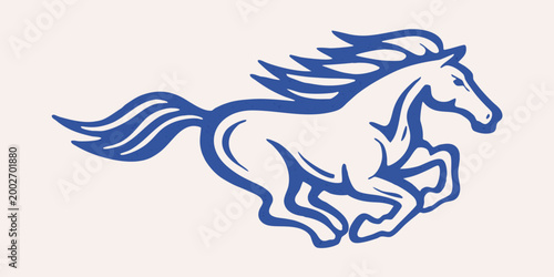 Galloping horse illustration bold blue line art on white background