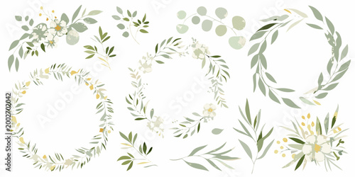 Floral wreaths and arrangements delicate vector illustration on white background