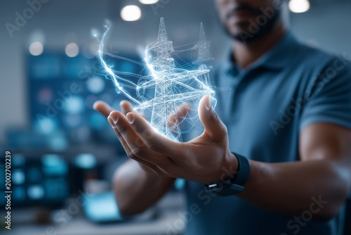 Man in energy sector polo showcases innovation with digital power lines in modern workspace Generative AI