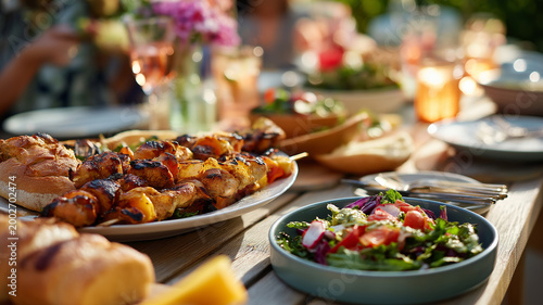 Delicious barbecue feast spread on a sunny outdoor table, featuring grilled meats and fresh salads Generative AI