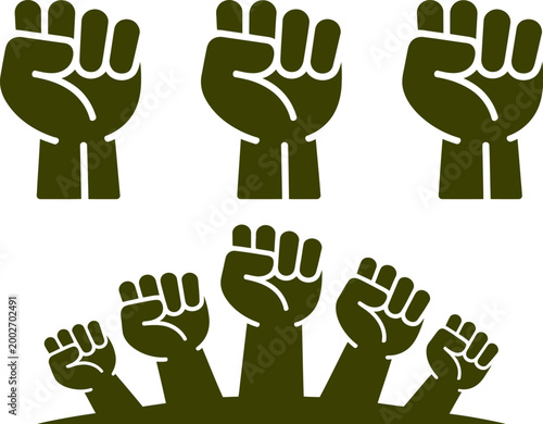 Group of raised clenched fists symbolizing power strength protest and solidarity against a white background