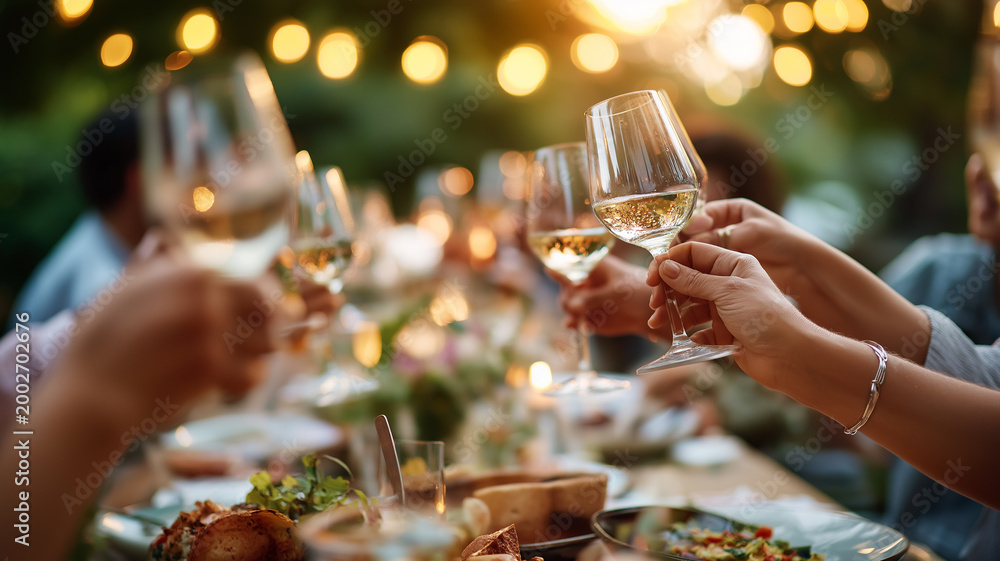 Obraz premium Cheers and laughter fill the air as hands raise glasses in celebration during a warm evening gathering Generative AI