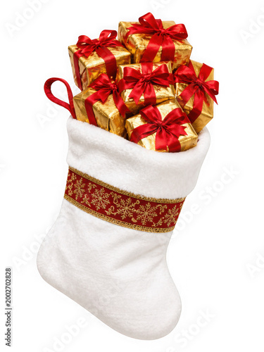 Christmas stocking filled with gold gifts isolated on transparent background