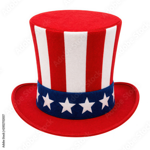 Red white and blue top hat with stars on band isolated on transparent background