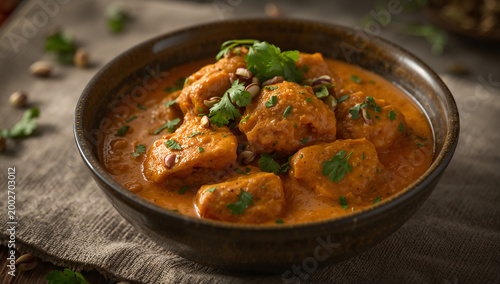 Bowl of spicy chicken curry with fresh cilantro