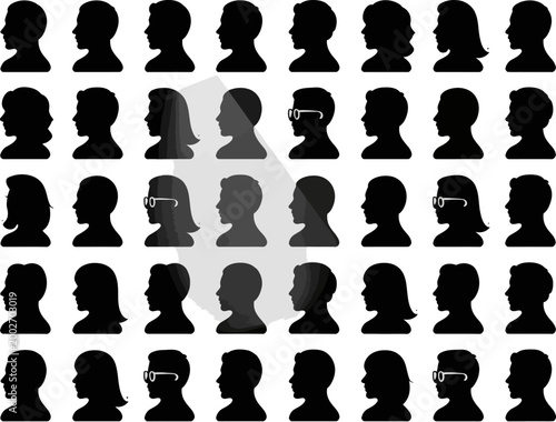 Collection of diverse human profile silhouettes representing various individuals in a grid layout
