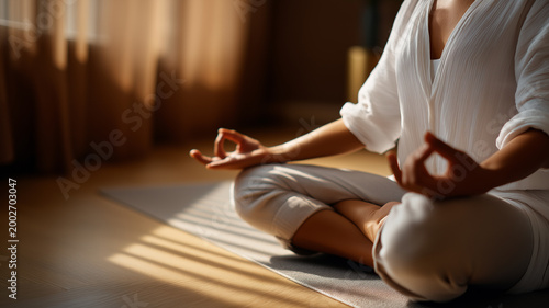 Meditation in a tranquil room, a person in white attire finding peace and focus on a sunny afternoon Generative AI