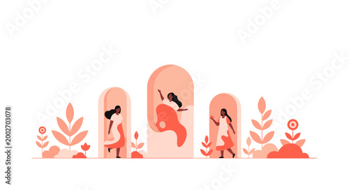 Business Growth and Scaling Concept Illustration with Diverse People Stepping Out of Frames Representing Expansion and Personal Development