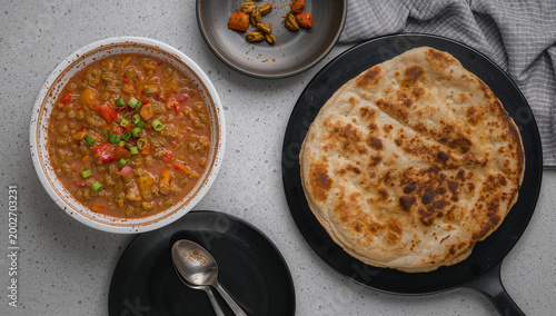 Lentil dal and naan bread overhead view