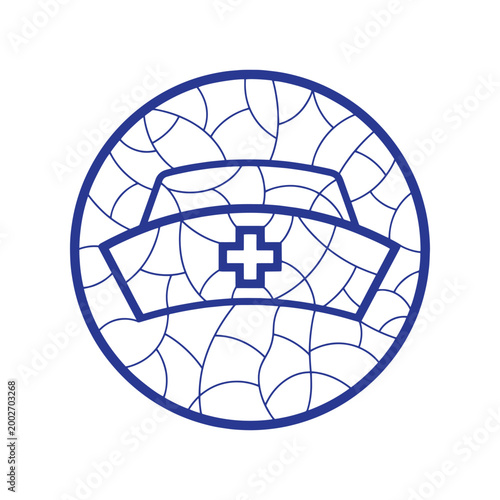 Minimal Nurse Hat Medical Cross Circular Mosaic Line Art Icon