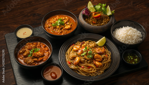 Assorted indian dishes with rice and curry