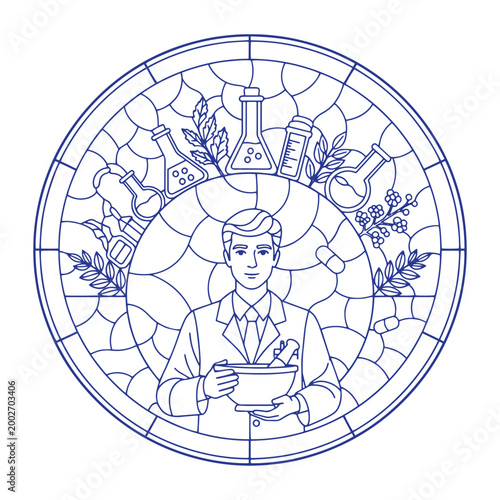 Pharmacist Herbal Medicine Laboratory Circular Mosaic Line Art Icon