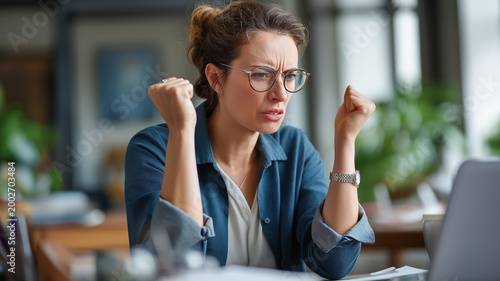 Business woman confronts challenges at her desk with determination and frustration during a busy workday Generative AI