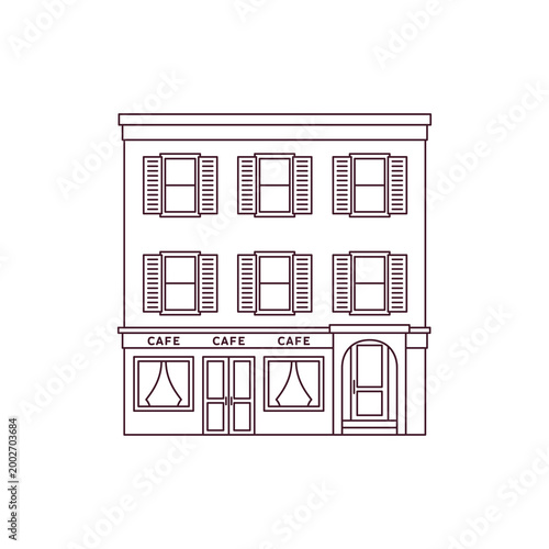Building icon. Line art flat design. Sketch of urban residential architecture. Outline houses isolated on white background. Linear vector illustration.